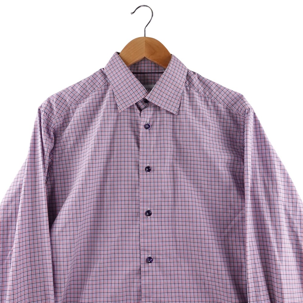 Eton Slim Fit Dress Shirt Mens Blue Red‎ Blue Plaid Long Sleeve Button Up L